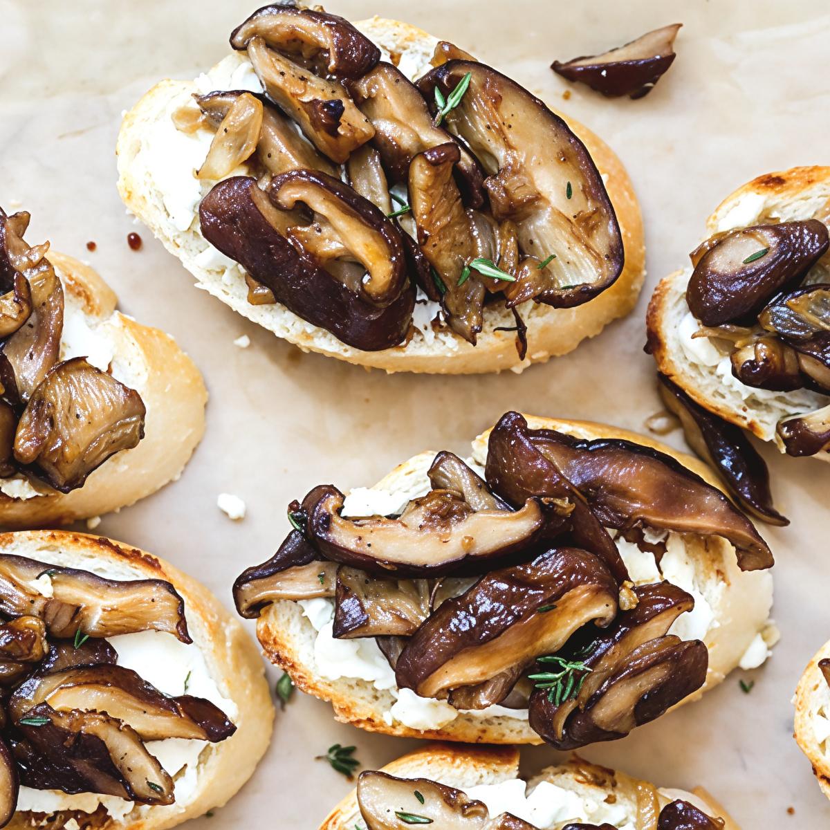 Toasted baguette slices topped with creamy goat cheese, sautรฉed wild mushrooms, and fresh thyme herbs served as easy Thanksgiving finger food ideas.