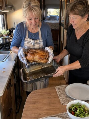 In an RV galley kitchen in late afternoon, two women friends work side by side, one holding a roast chicken while the other steadies a dented pan.