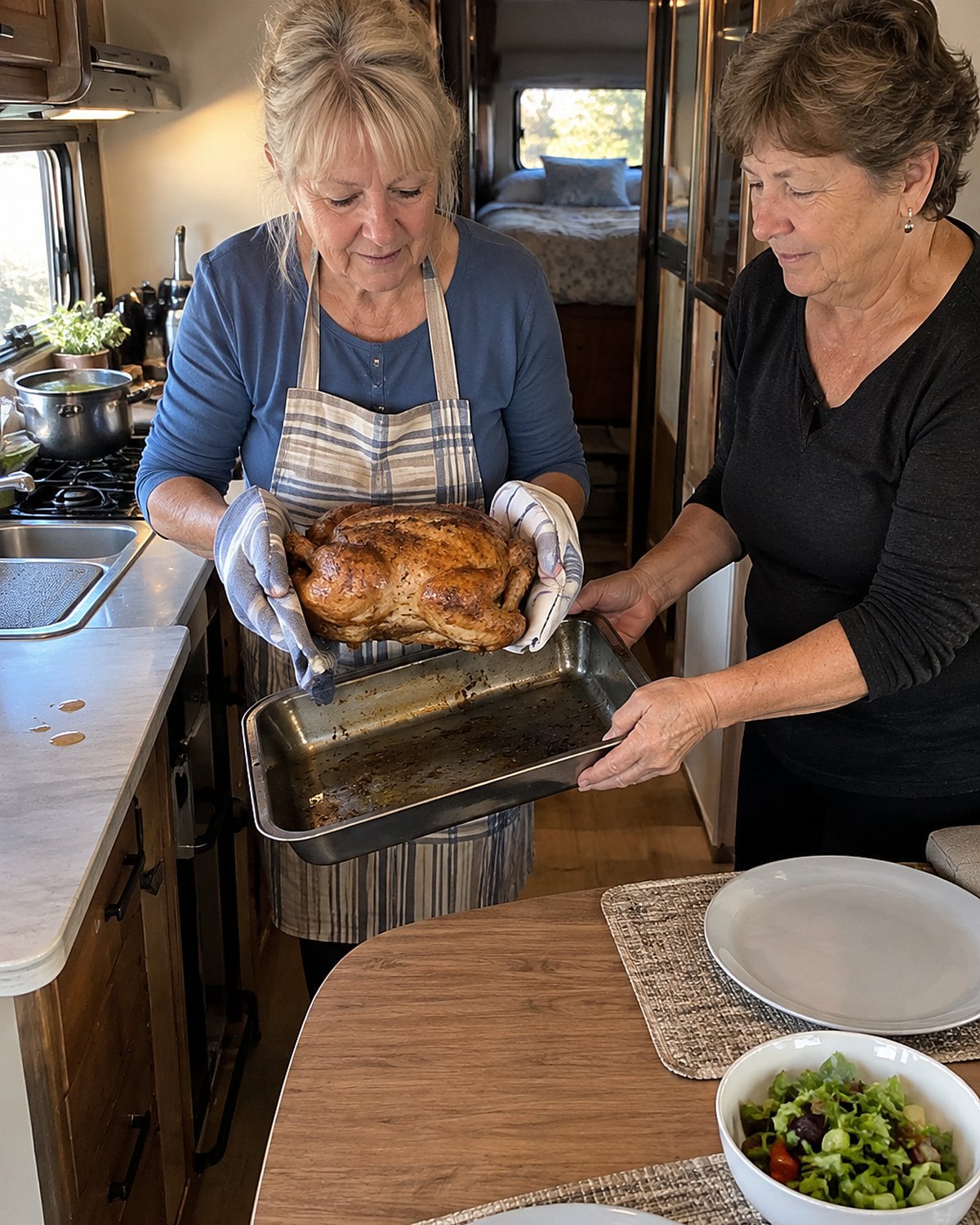 In an RV galley kitchen in late afternoon, two women friends work side by side, one holding a roast chicken while the other steadies a dented pan.