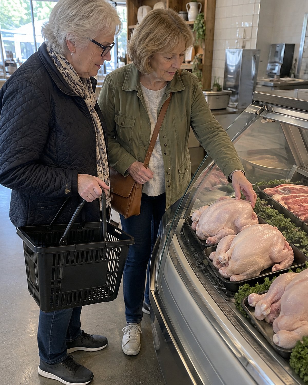 A hand compares whole chickens in a market case while another hand holds a small shopping basket.