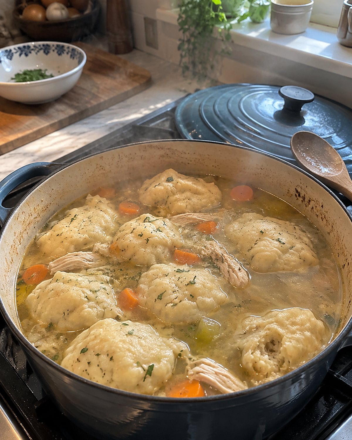 Uneven dumplings simmer in a worn pot of chicken broth, the lid tilted beside it.