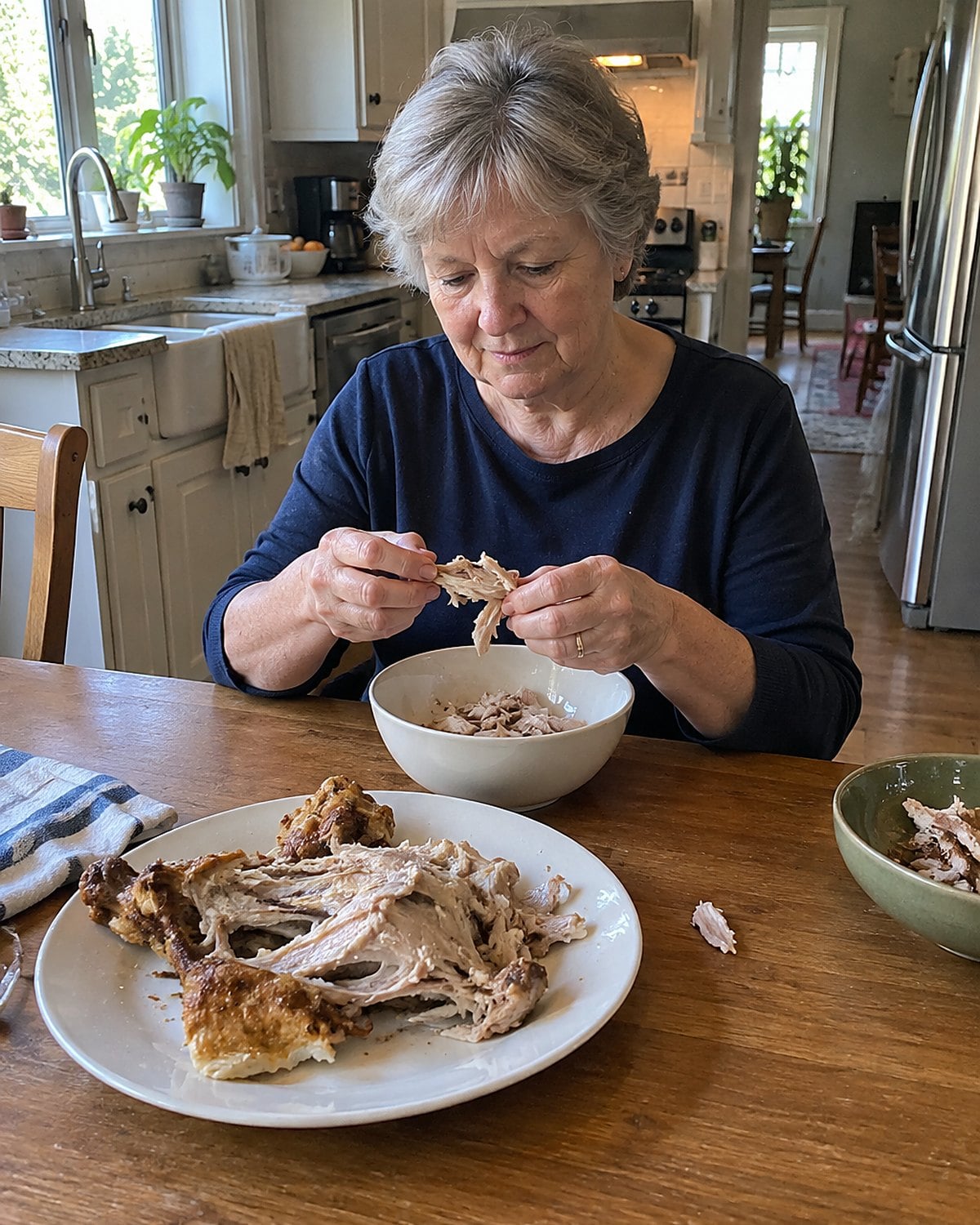 Hands pick small pieces of cooked meat from a chicken carcass over a plain bowl.