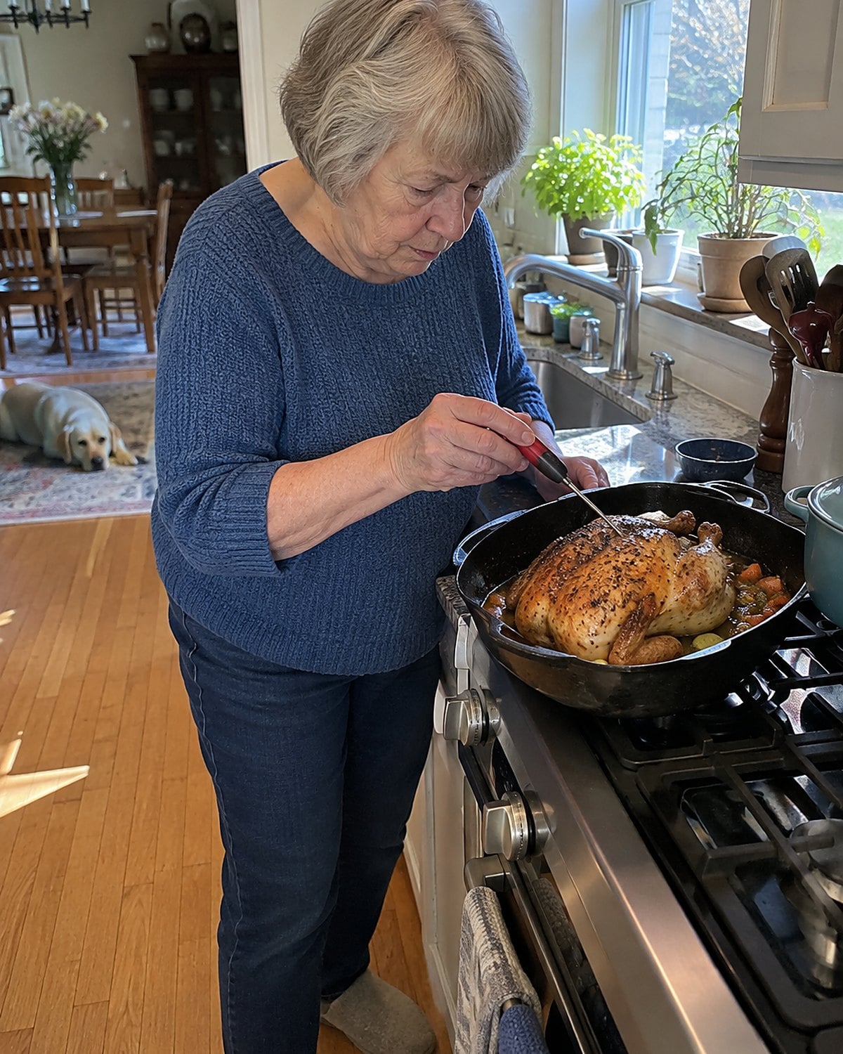 A hand checks the thickest part of a roast chicken breast with a thermometer.
