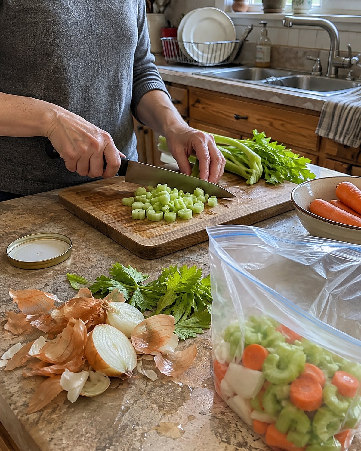 Onion ends and celery leaves rest beside a freezer bag on a home kitchen counter.