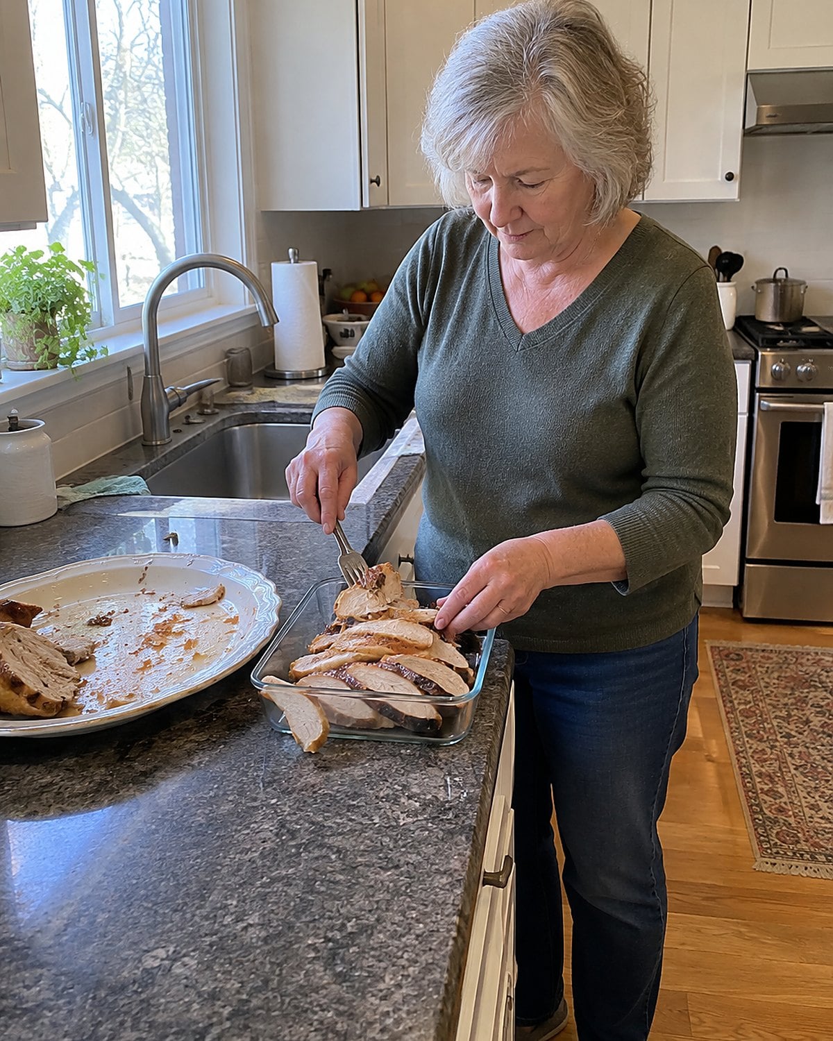 Two hands place sliced roast chicken into a shallow container while a platter waits nearby.