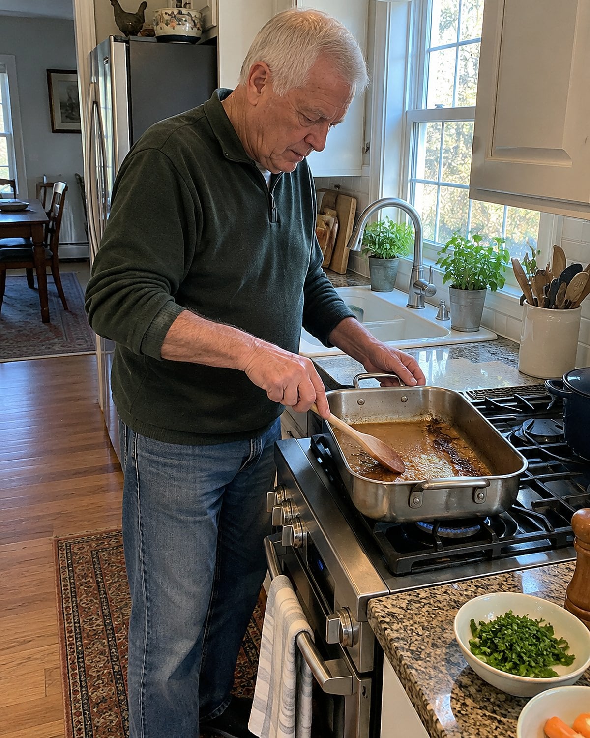 A wooden spoon scrapes browned drippings from a roasting pan set over a stove burner.