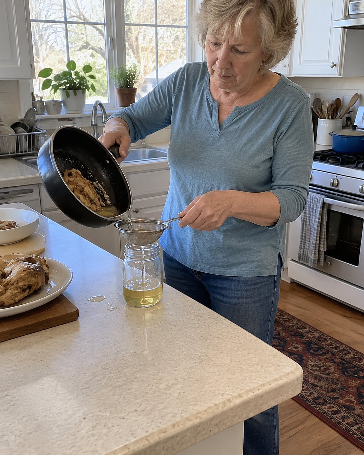A hand pours clear chicken fat through a small sieve into a clean jar at the counter.