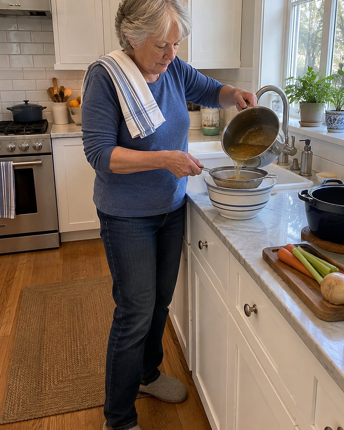Hot broth runs through a sieve into a bowl beside the kitchen sink.
