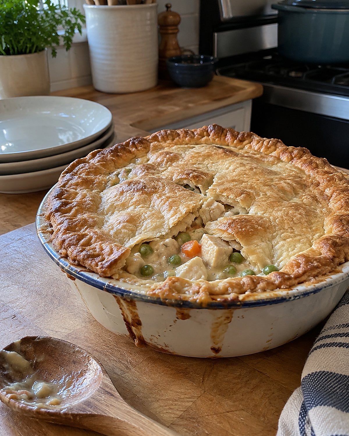 A slightly cracked top crust covers a small chicken pot pie in a baking dish.