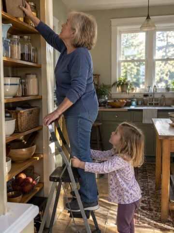 At a pantry shelf in late afternoon, a woman reaches for a worn cookbook while a small grandchild steadies the step stool below, neither looking at the camera.
