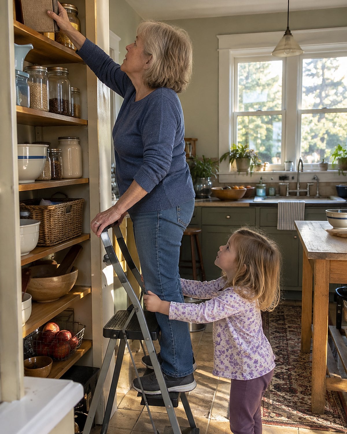 At a pantry shelf in late afternoon, a woman reaches for a worn cookbook while a small grandchild steadies the step stool below, neither looking at the camera.