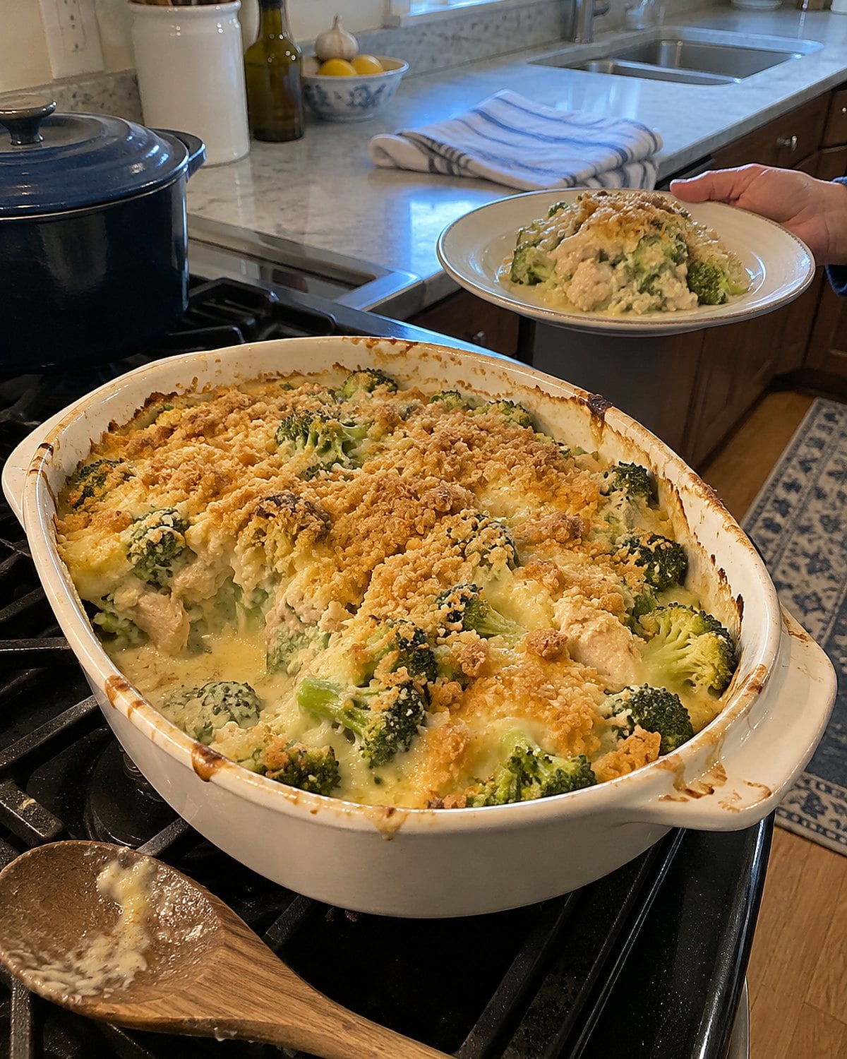 A shallow dish of chicken Divan on a stovetop, with broccoli florets visible through the sauce.
