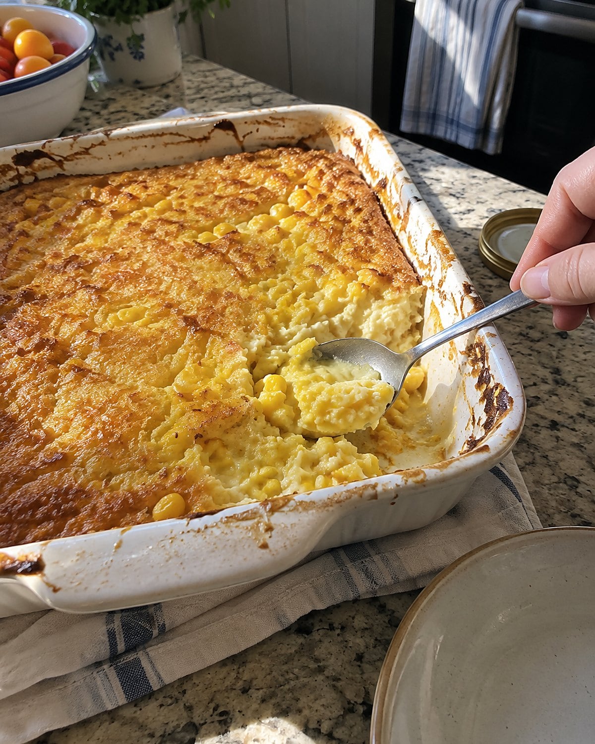 Corn pudding in a baking dish, with a spoon resting in the soft center.