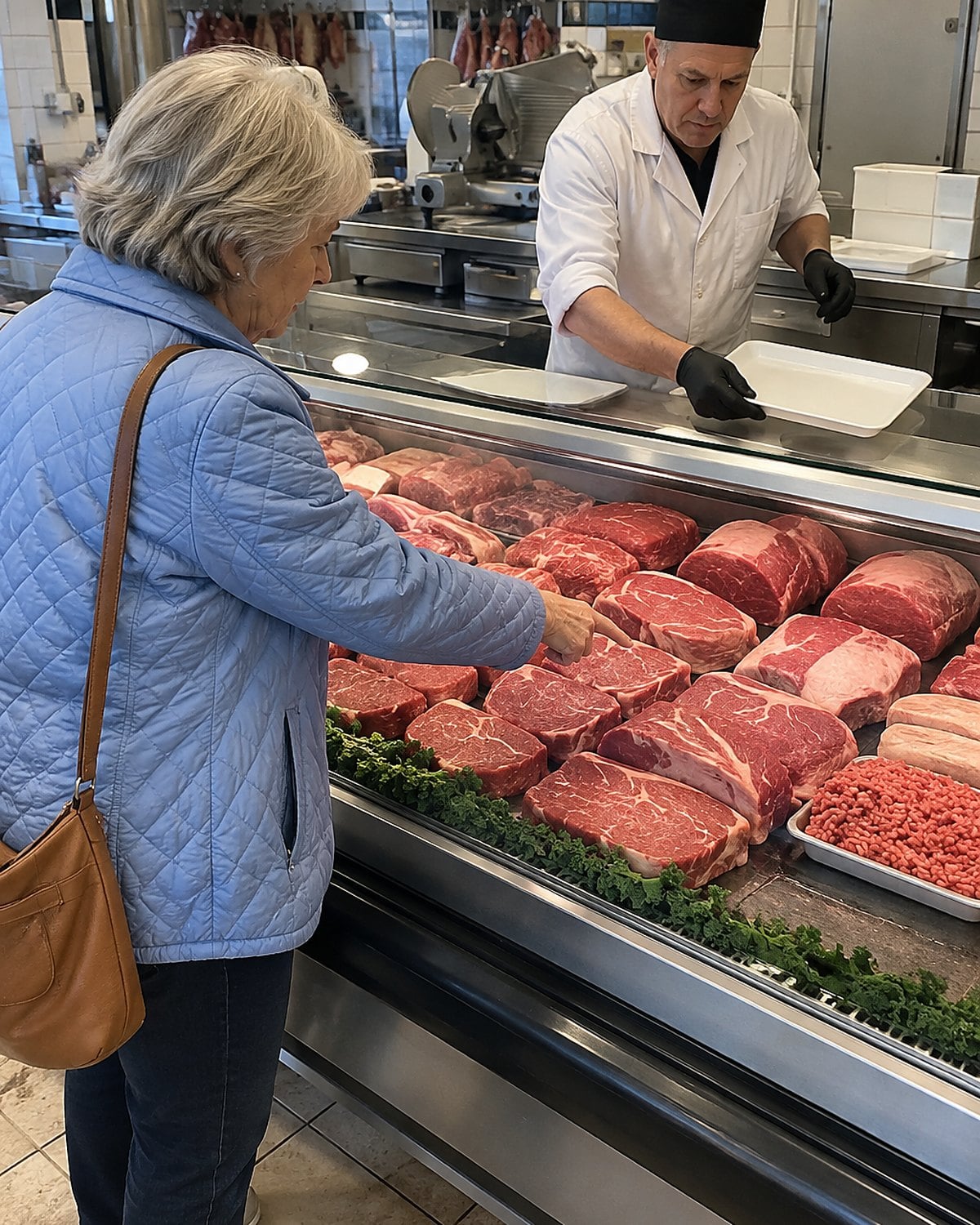 A hand pointing to a piece of beef round in a butcherโs case at a market.