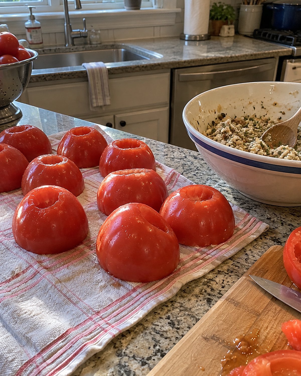 Hollowed tomatoes draining cut side down on a towel beside a bowl of stuffing.