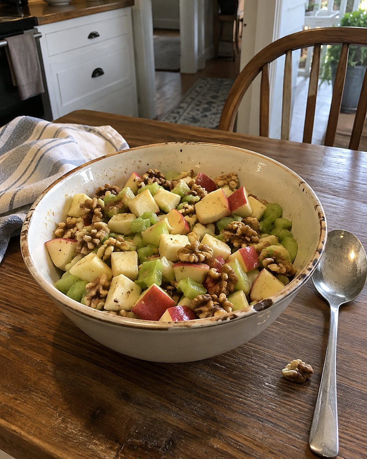 A bowl of chopped apples, celery, and walnuts on a porch table, with a serving spoon beside it.