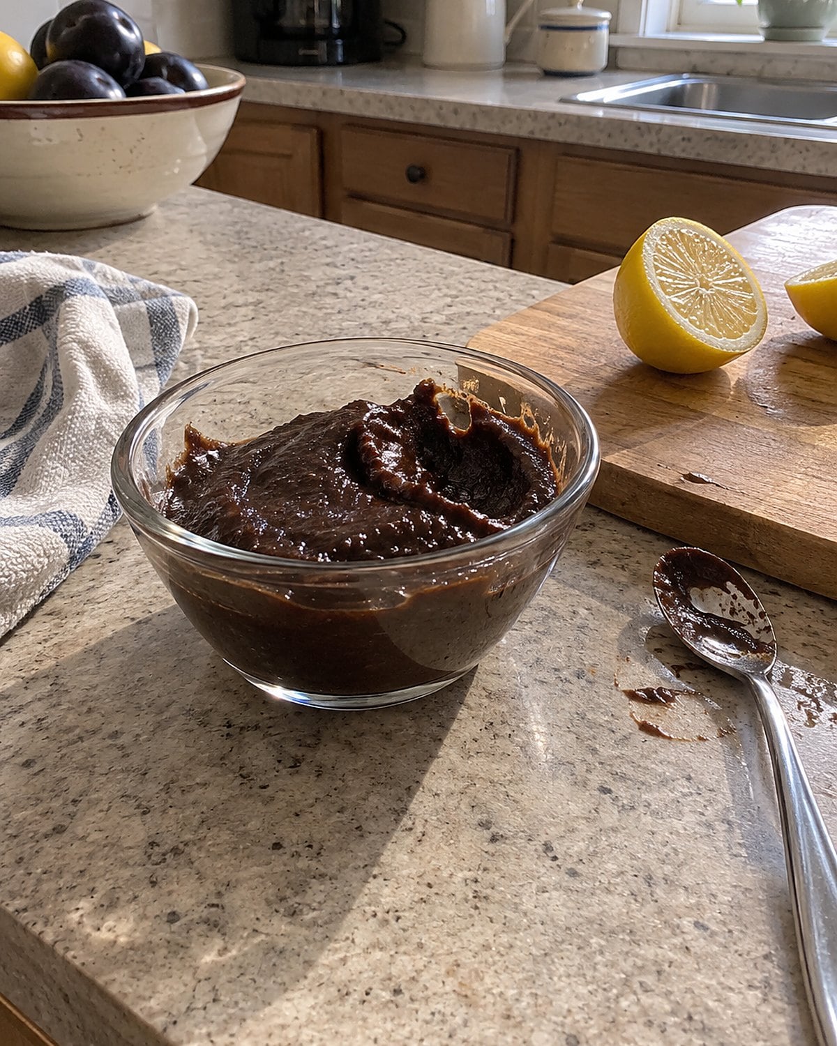 A small glass bowl of prune whip on a counter, with a cut lemon and a used spoon nearby.