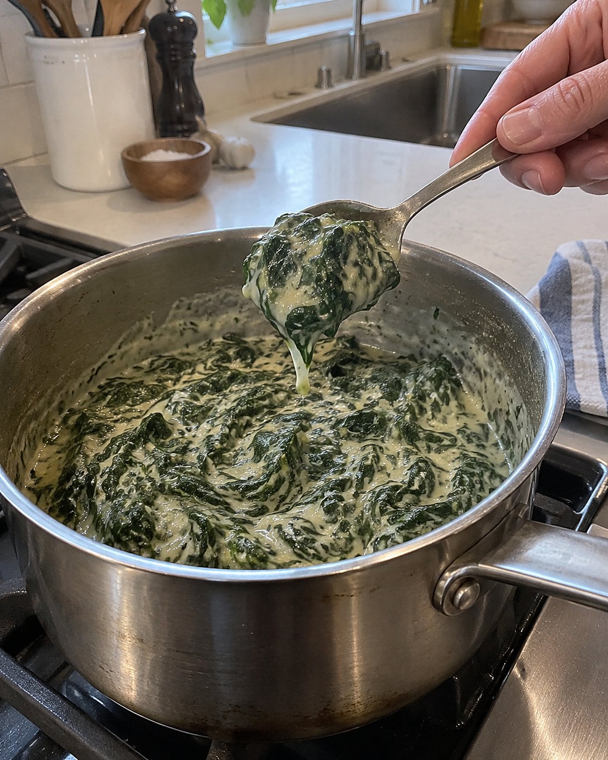 A spoonful of creamed spinach held above a saucepan, with spinach clinging to the spoon.
