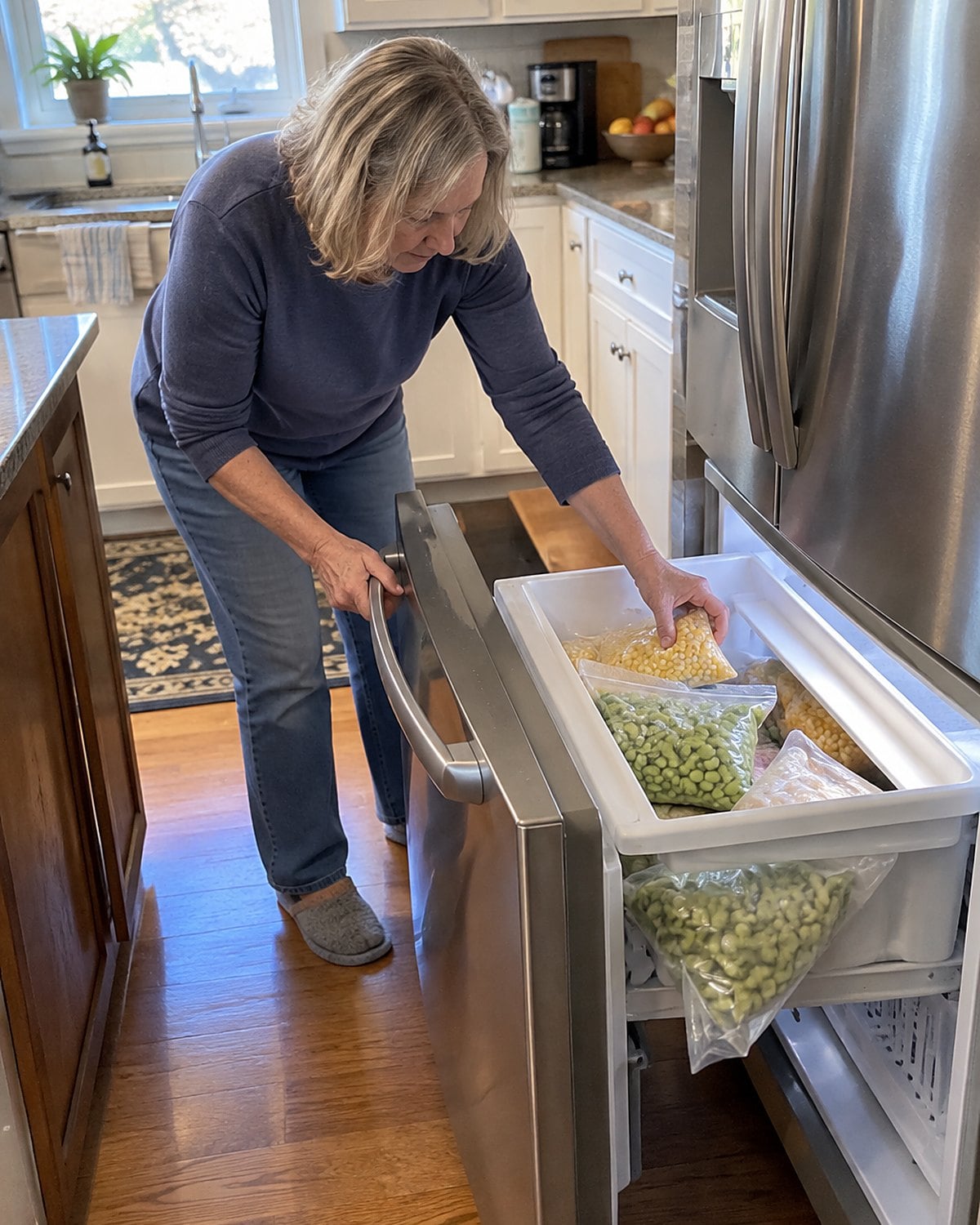 An open freezer drawer holding bags of corn and lima beans, with a hand reaching for one.