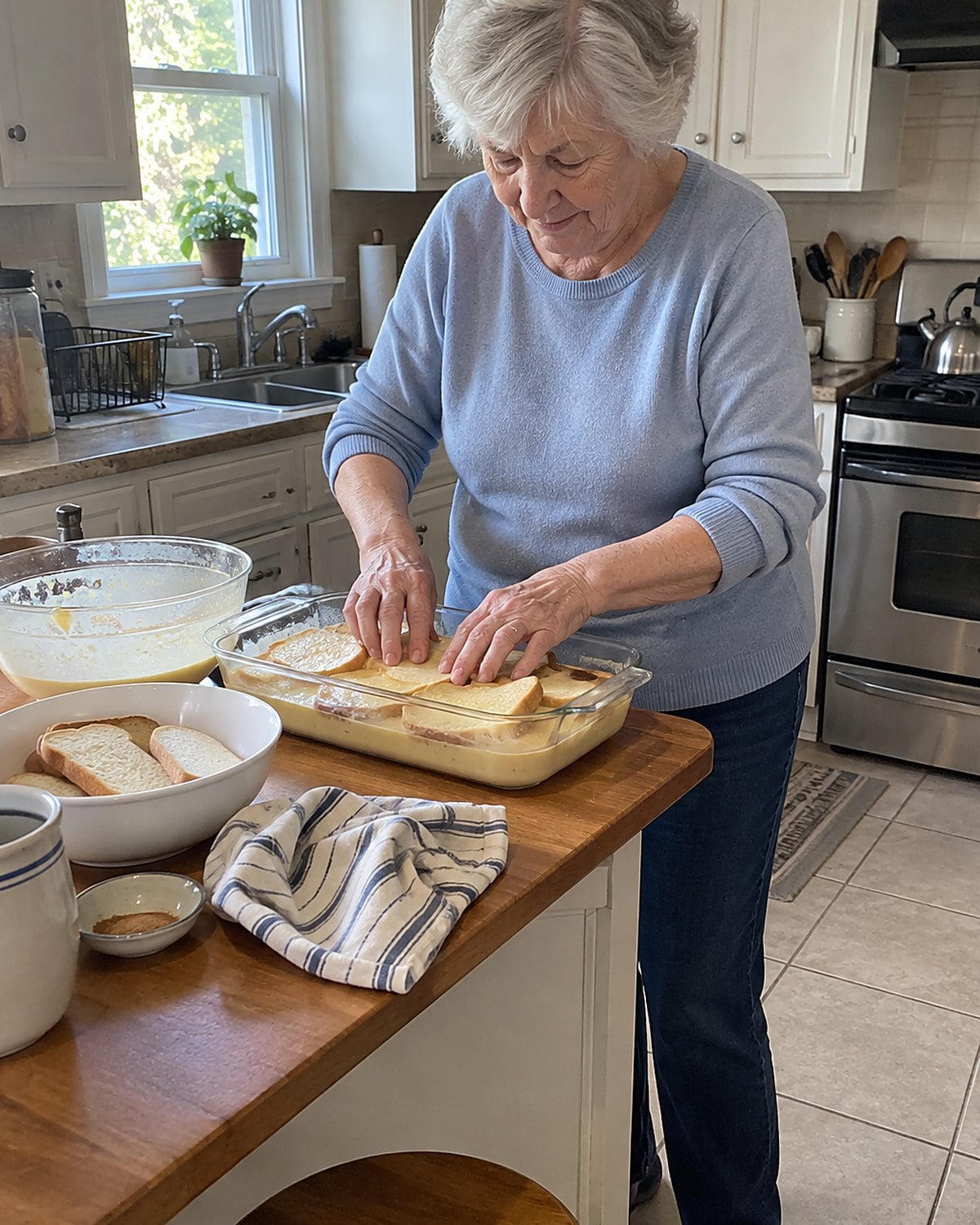 A hand pressing bread pieces into custard in a glass baking dish.