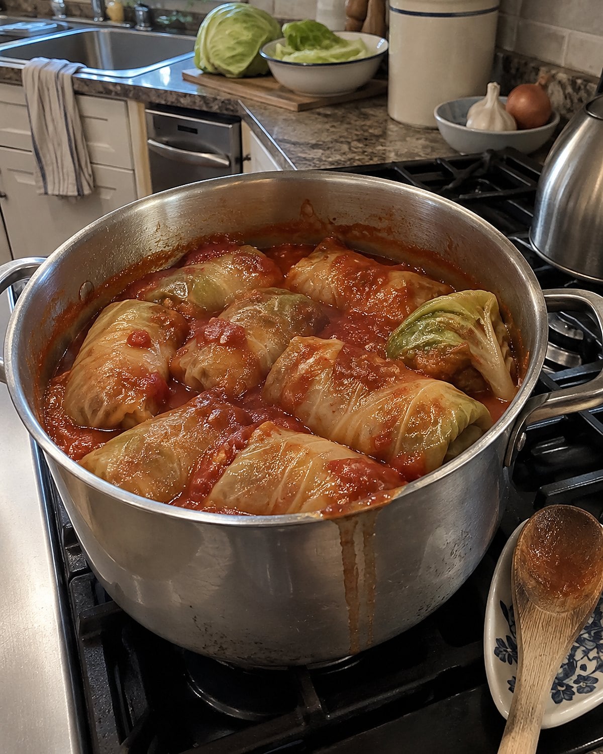 Cabbage rolls tucked seam side down in a pot of tomato sauce, with one leaf folding loose.