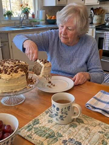 A woman in her seventies sits alone at a kitchen table in mid-afternoon, reaching for a slice from a cake stand while crumbs fall onto her plate.