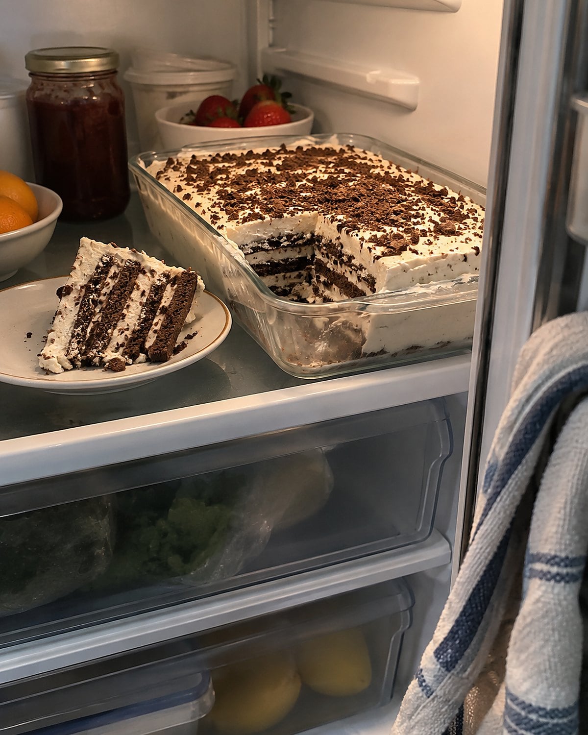 A loaf pan of icebox cake sits on a cleared refrigerator shelf, with a cut slice showing its cookie layers.