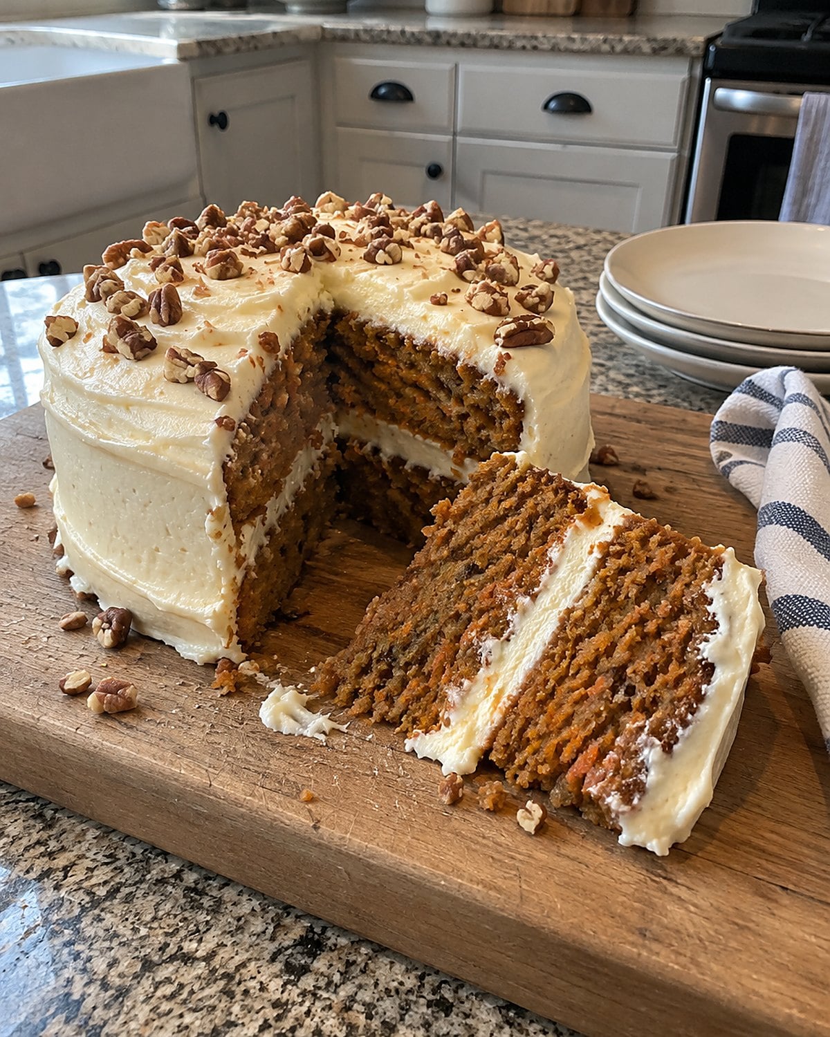 A small carrot cake with a visible cream cheese ribbon rests on a cutting board, one slice tipped over.