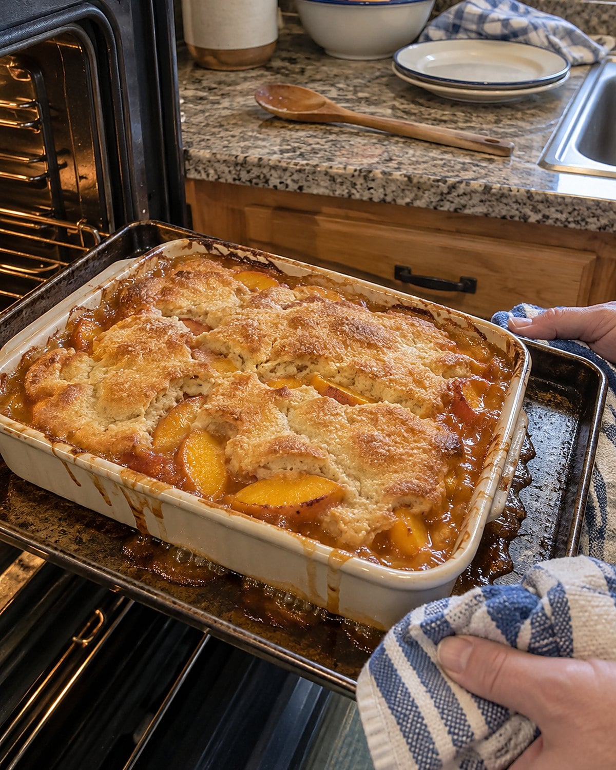 A bubbling peach cobbler sits on a sheet pan near an open oven door, with juice at the dish's edge.