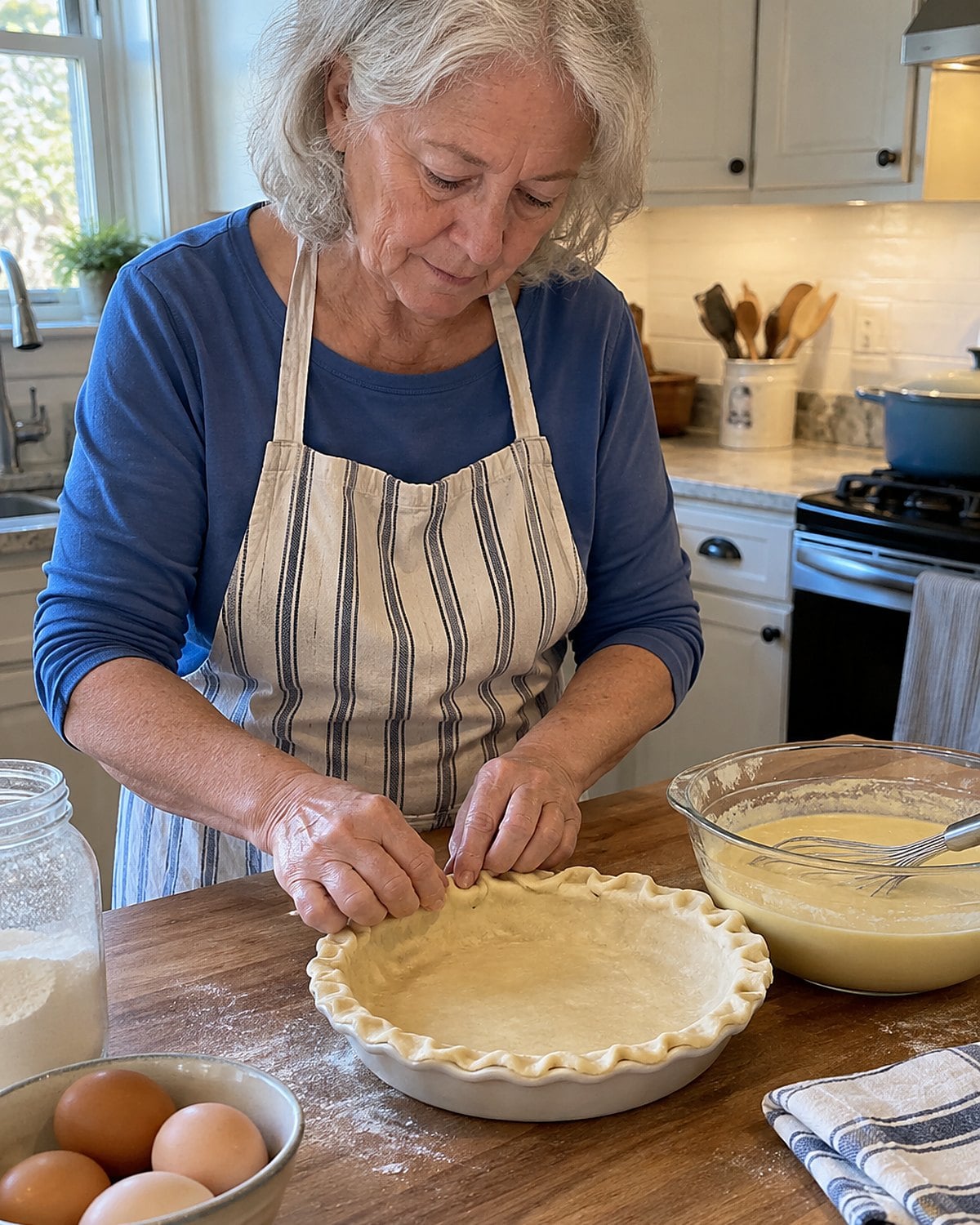 An older woman's flour-dusted fingers crimp the edge of a buttermilk pie on a wooden counter.
