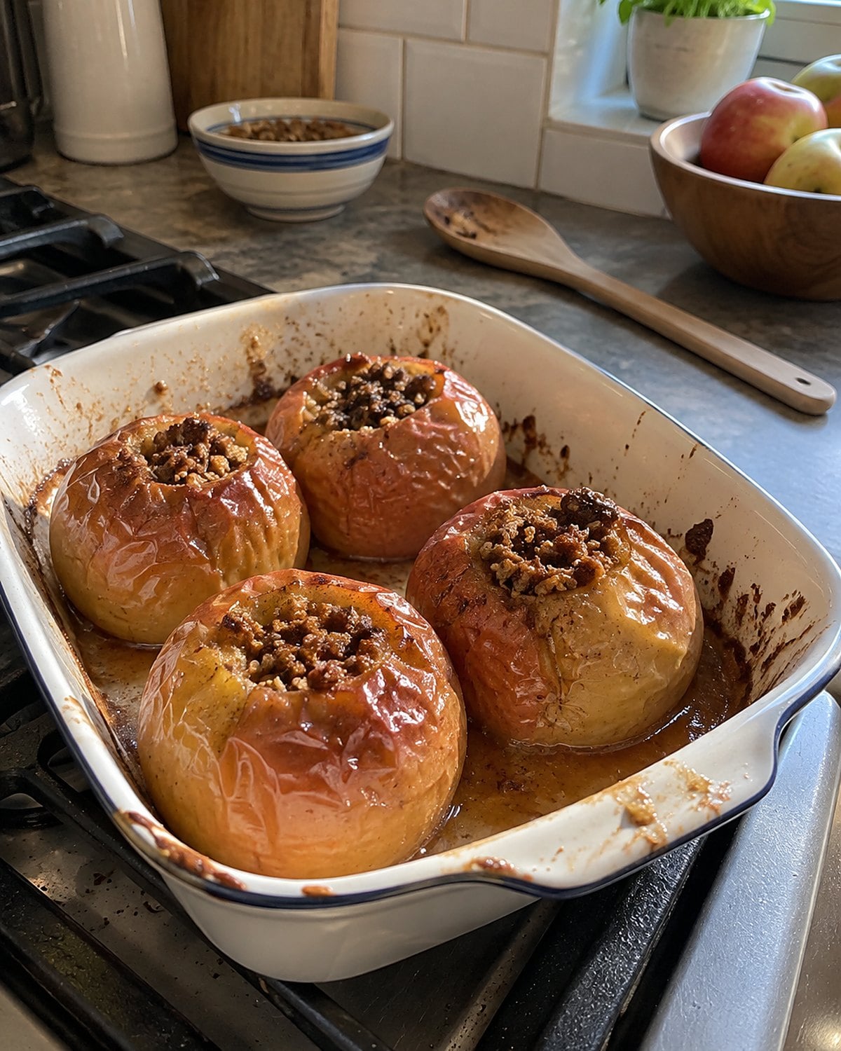 Wrinkled baked apples stand in a ceramic dish on the stove, with cooking juices pooled around them.