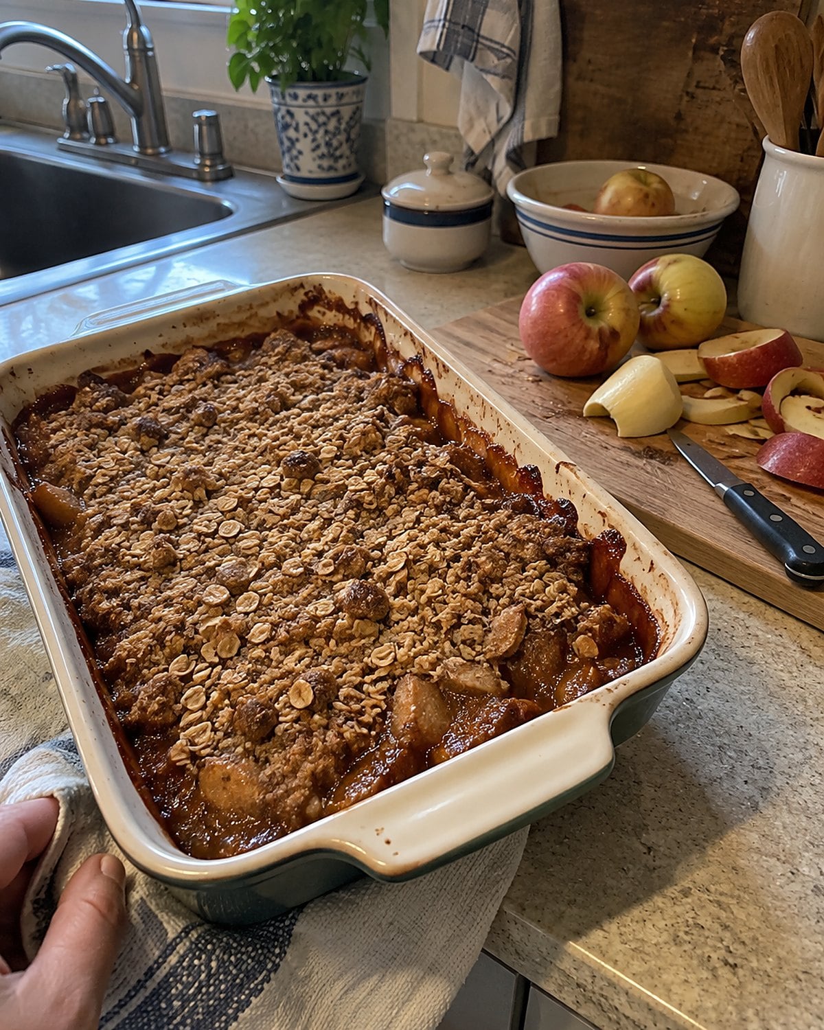 Bruised apples and a paring knife sit beside an oat-topped fruit crisp on a kitchen counter.