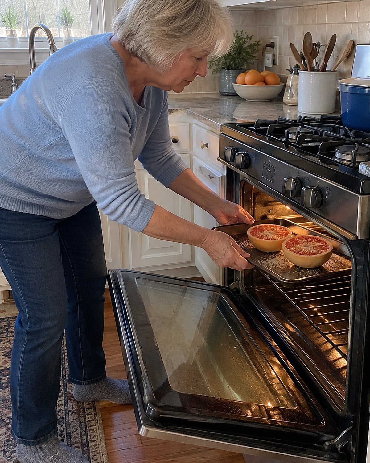 An older woman's hands set a grapefruit half under the broiler in a well-used oven.