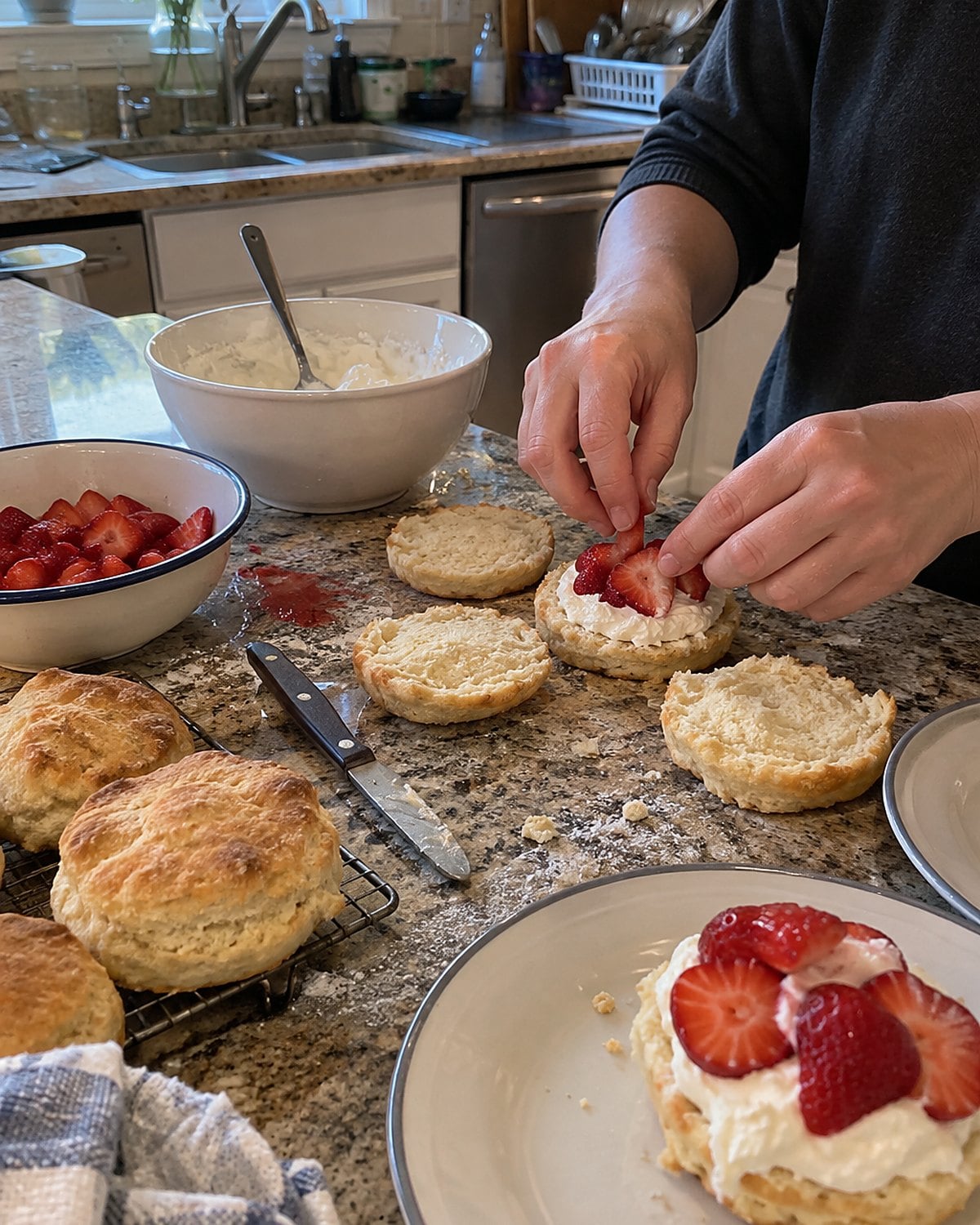 Split biscuits, cut strawberries, and a bowl of cream sit on a flour-dusted counter.