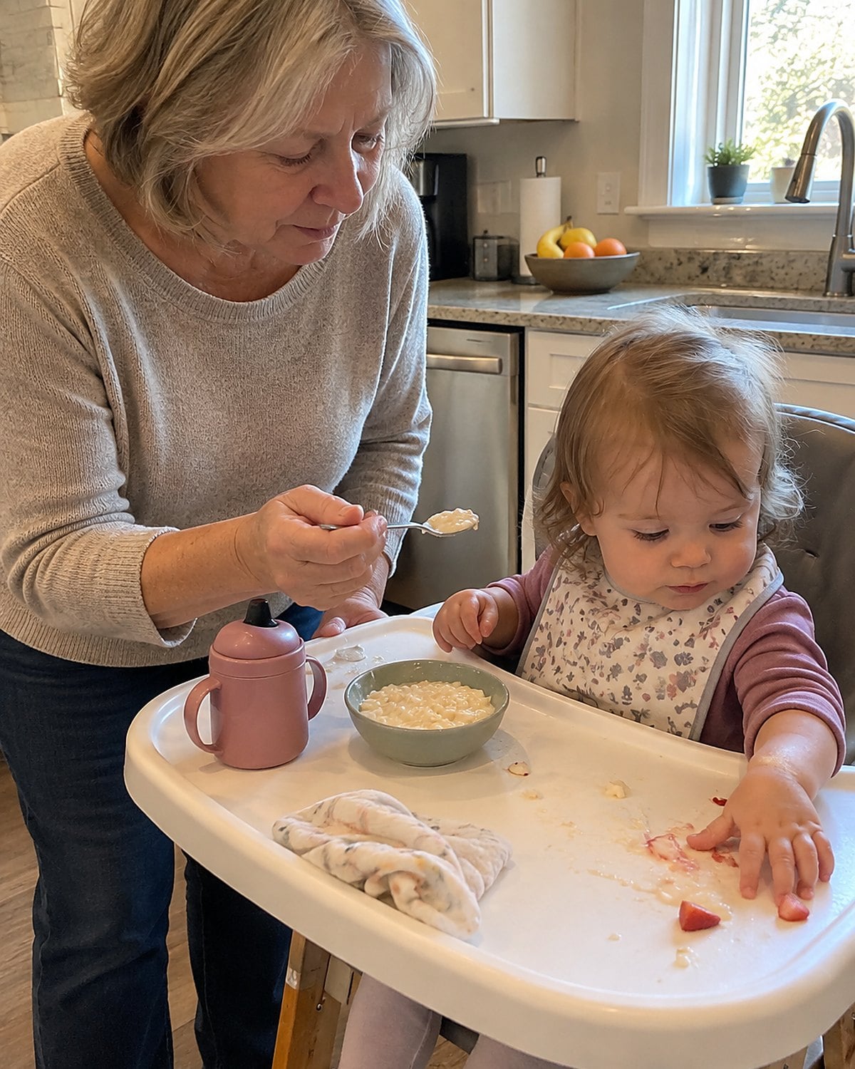 A little bowl of rice pudding rests on a grandchild's high-chair tray, with a spoon in an adult hand nearby.