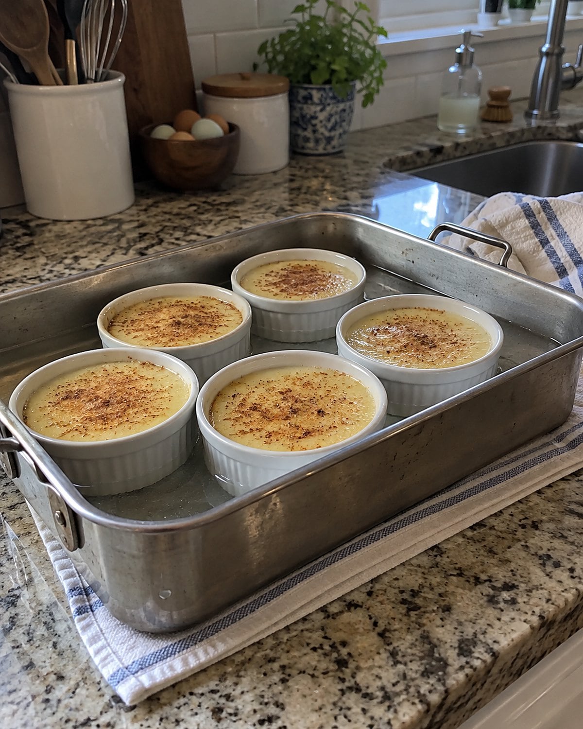 Small cups of baked vanilla custard sit in a water bath on a kitchen counter, their tops dusted with nutmeg.