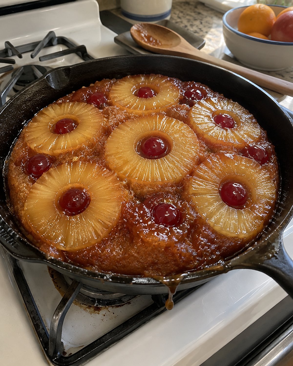 A cast-iron skillet holds an upside-down pineapple cake on a white stove, with brown sugar syrup at the rim.