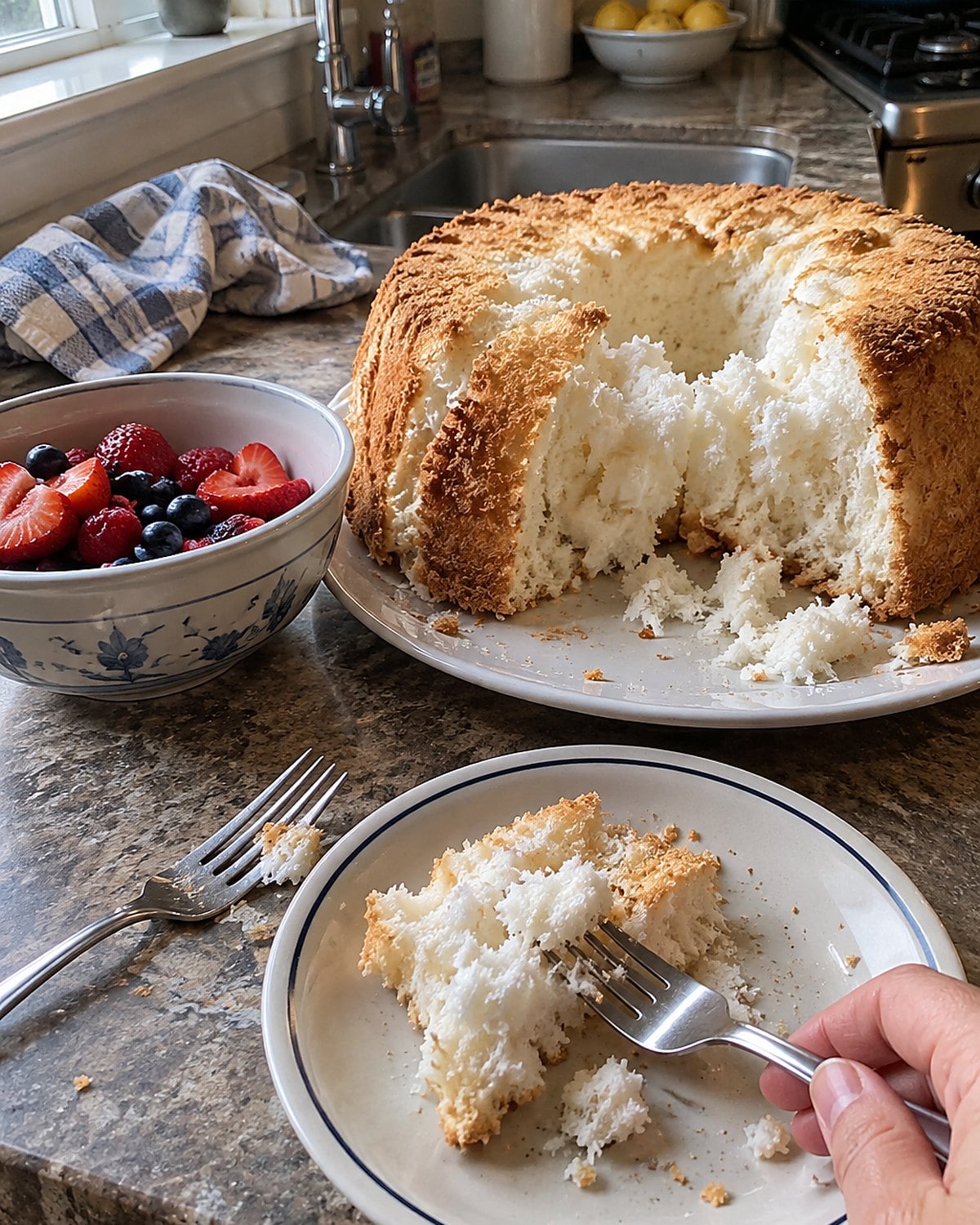 A torn piece of angel food cake sits beside two forks and a bowl of berries on a kitchen counter.