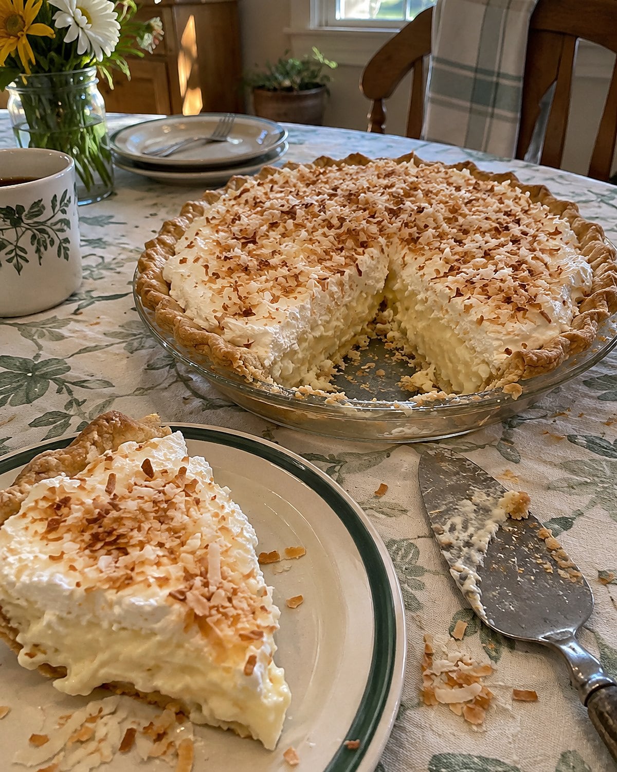 A coconut cream pie with a slightly messy first slice sits on a Sunday dining table.