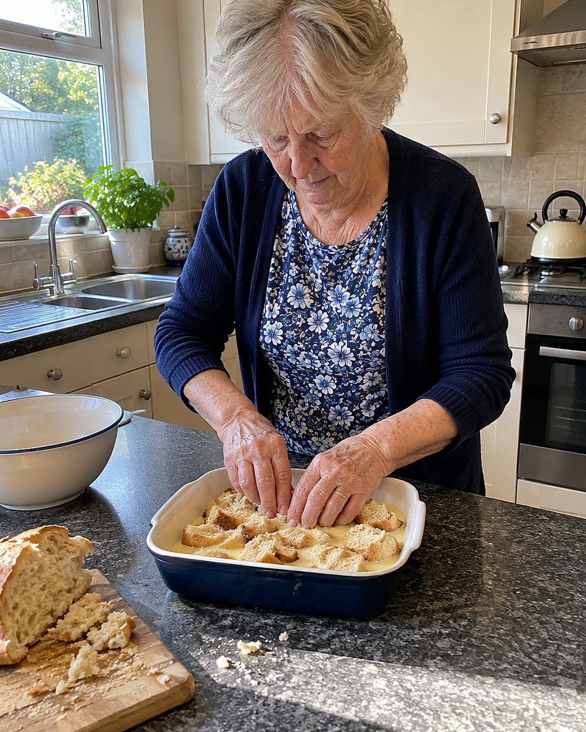 Torn stale bread sits in a baking dish as an older woman's hand presses it into custard.
