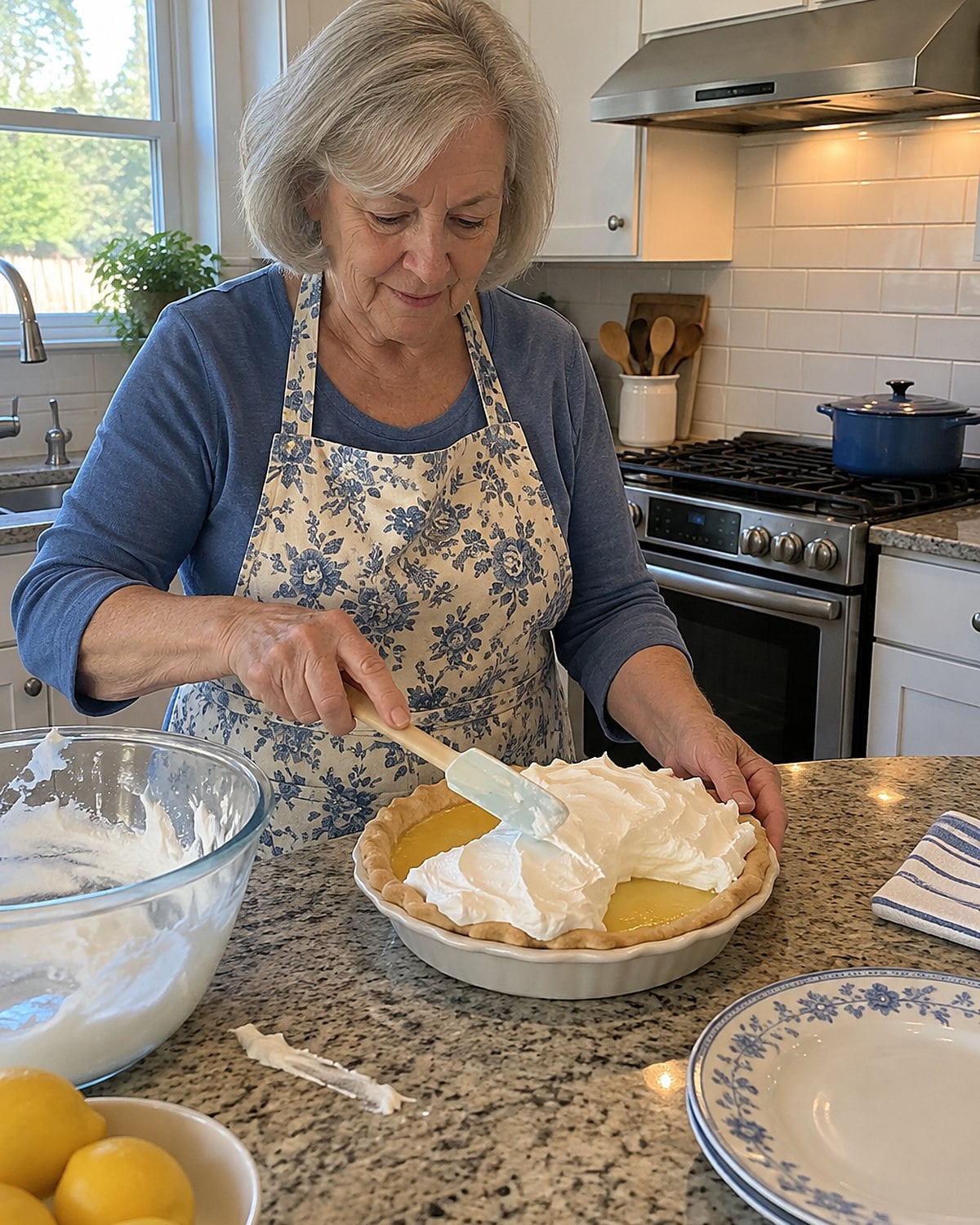 An older woman's hand spreads meringue to the crust edge of a lemon pie beside the stove.
