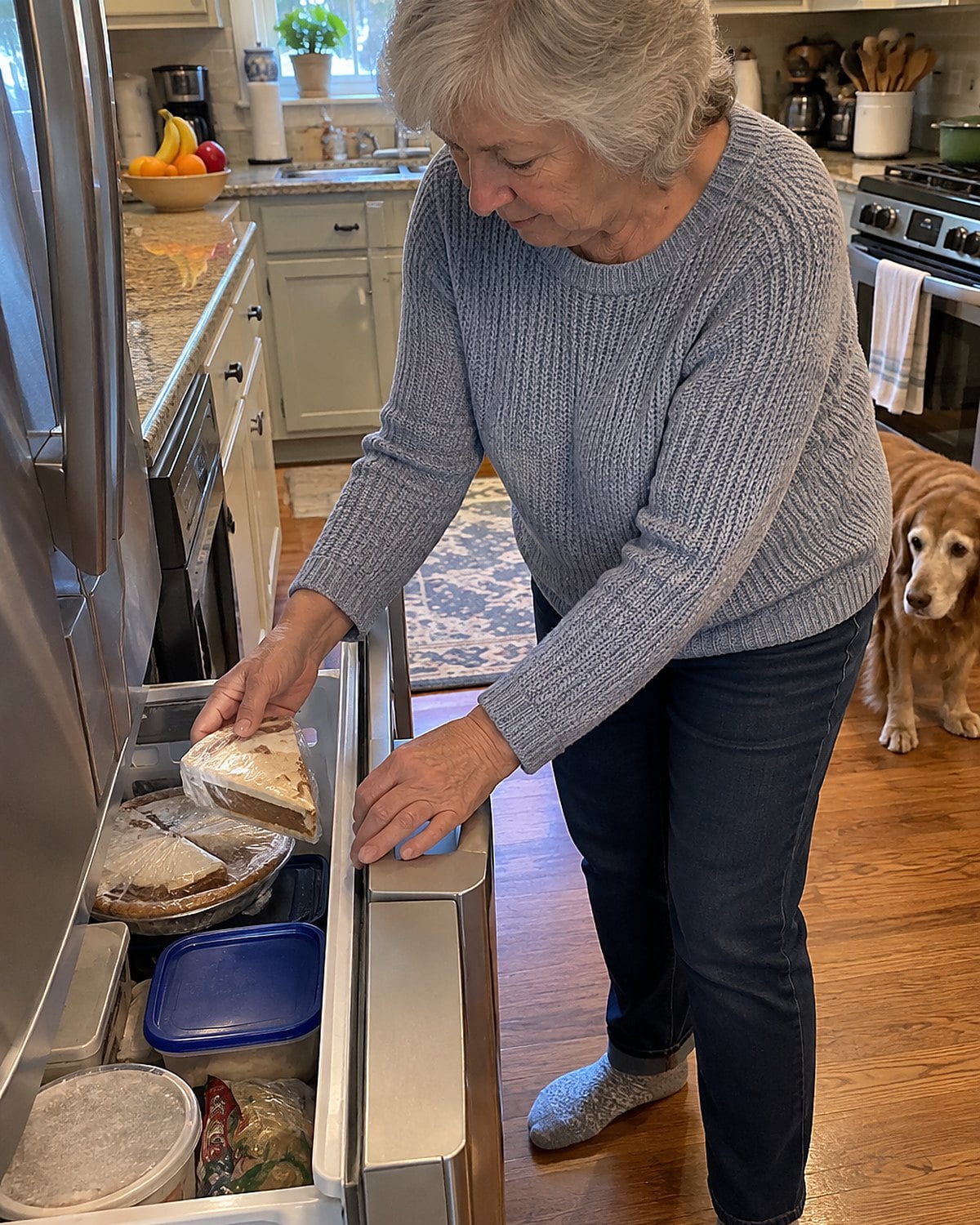 A hand takes a wrapped slice of banana cream pie from a crowded freezer drawer.