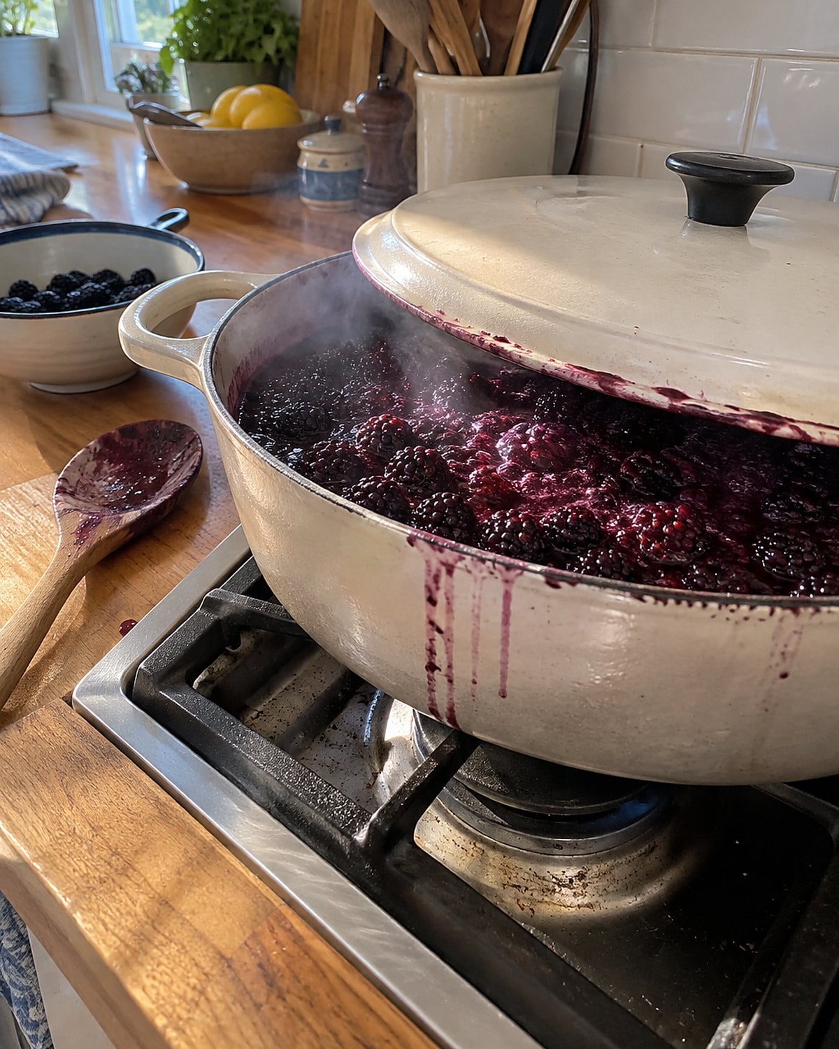 Blackberry slump simmers in a broad covered pan on the stove, with purple juice marking the lid's rim.