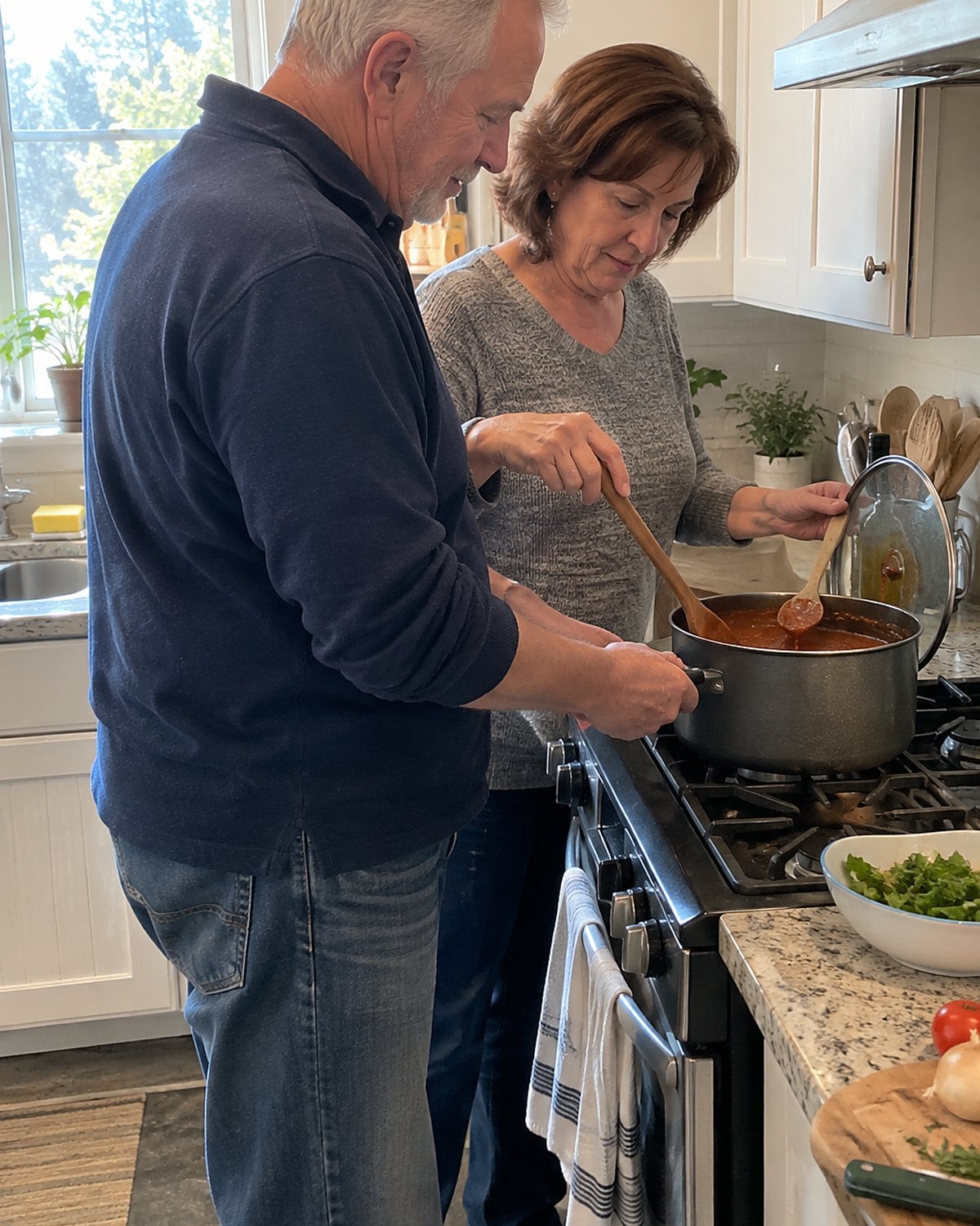 At a stove around noon, a couple in their sixties stir a pot together while its lid rests propped on a spoon, neither looking at the camera.