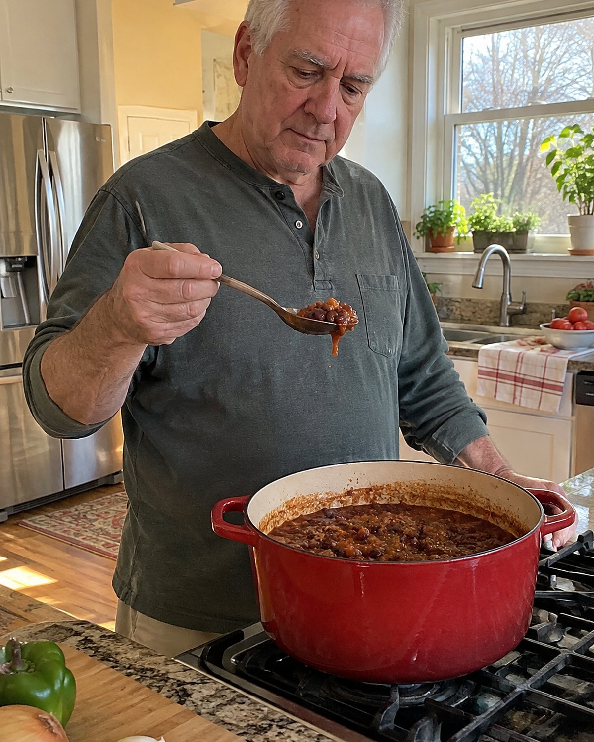 A hand holds a spoonful of meat and beans above a pot on the stove.