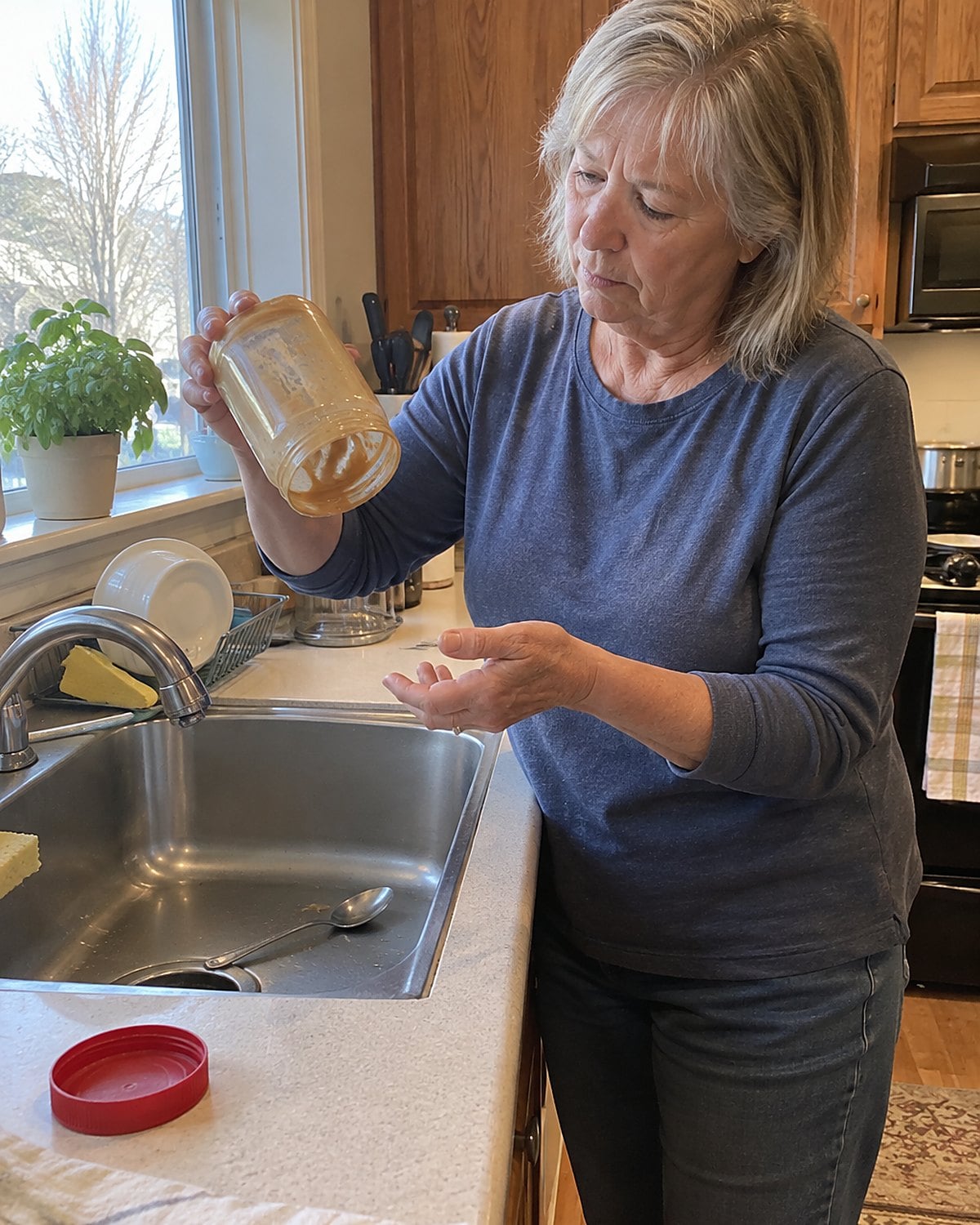 A hand shakes a nearly empty peanut butter jar over a kitchen sink.