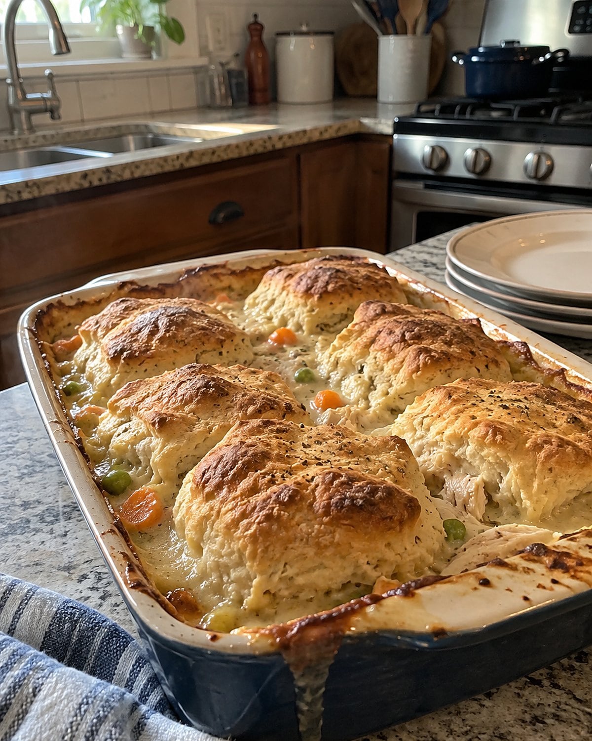 A chicken pot pie with uneven biscuit tops bubbles in a baking dish.