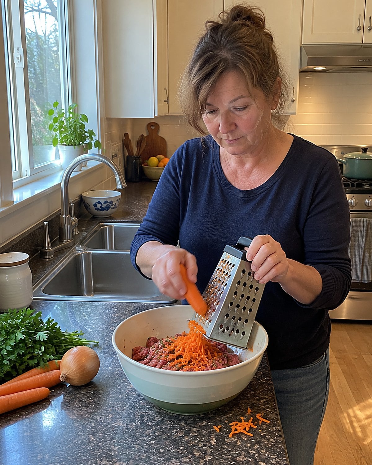 Hands grate a carrot over a bowl of seasoned ground meat beside the sink.