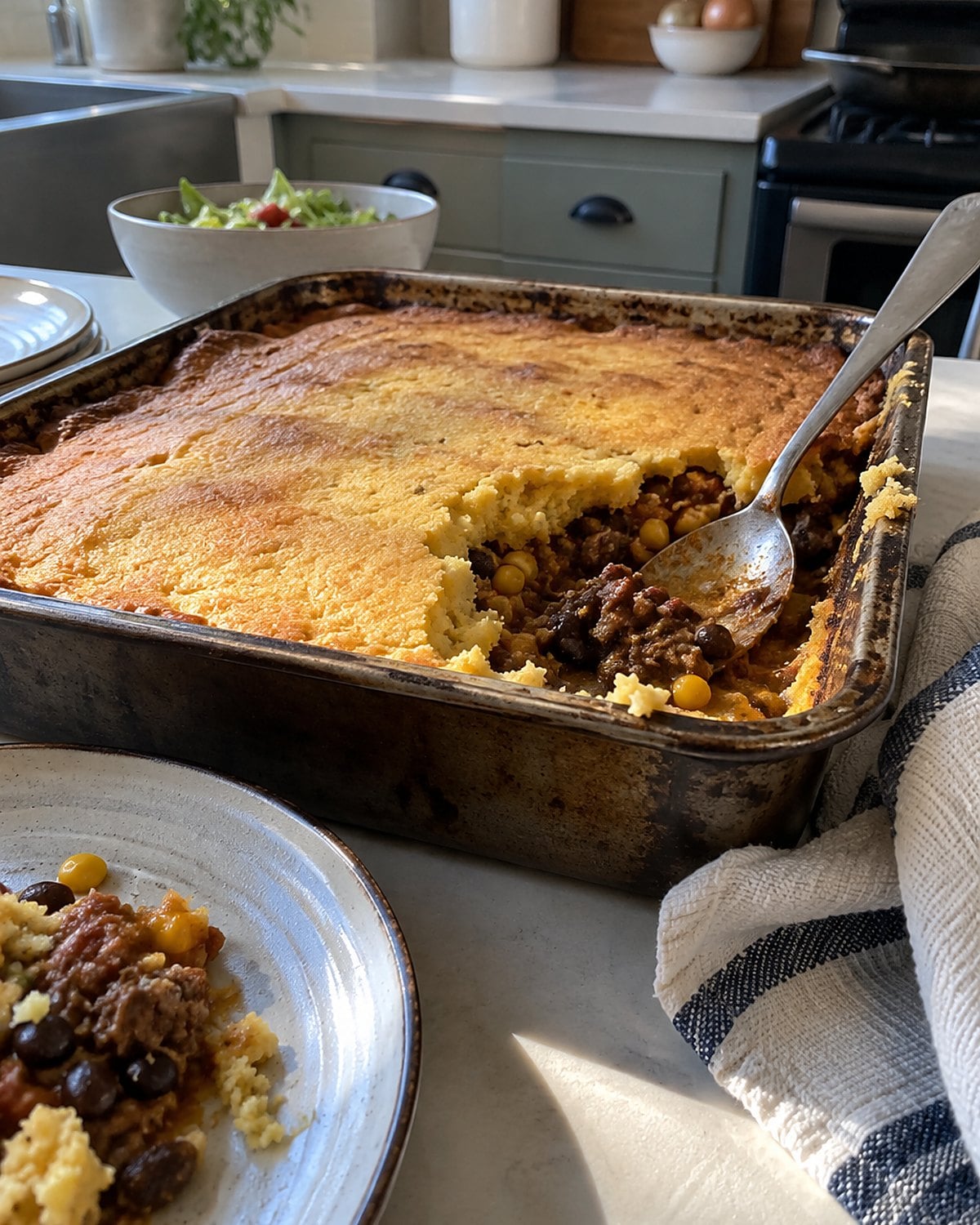 A spoon breaks through the cornmeal top of tamale pie in a worn baking pan.