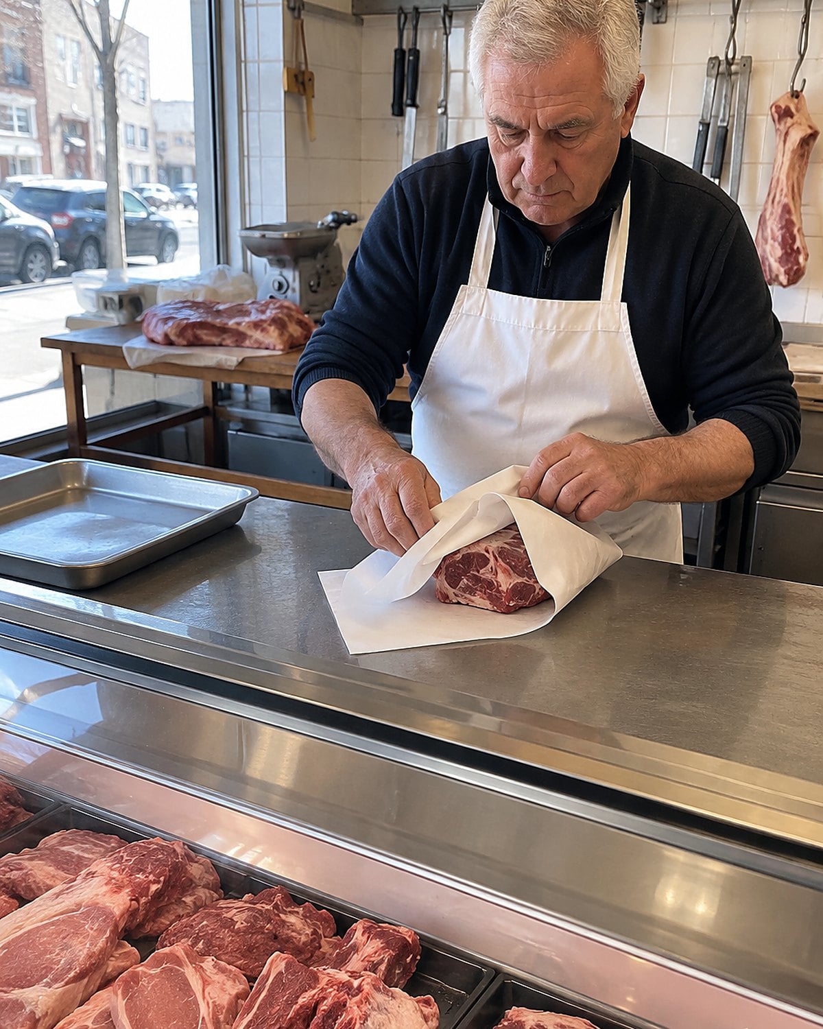 A butcher's hands wrap meaty pork neck bones at a market counter.